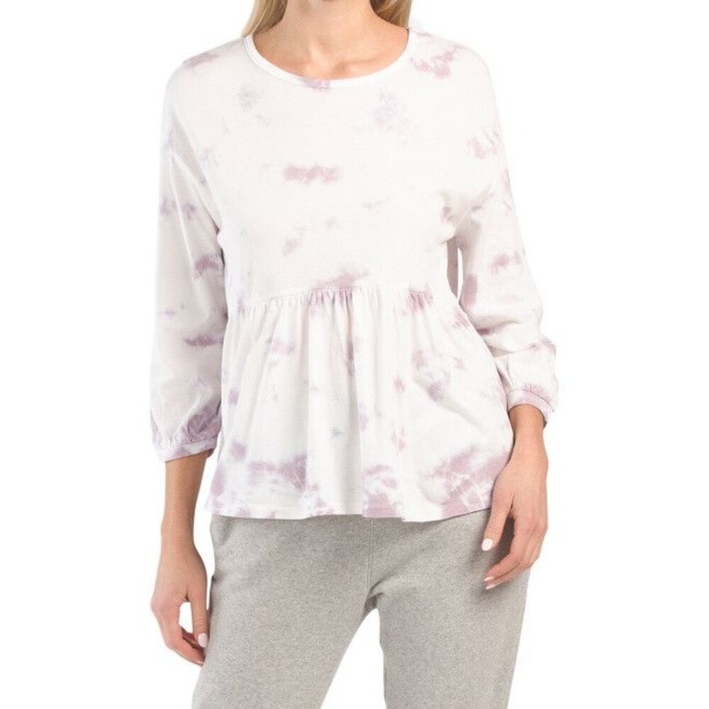 C&C California women White Purple Tie Dye 3/4 Sleeve Knit Blouse Top size Medium